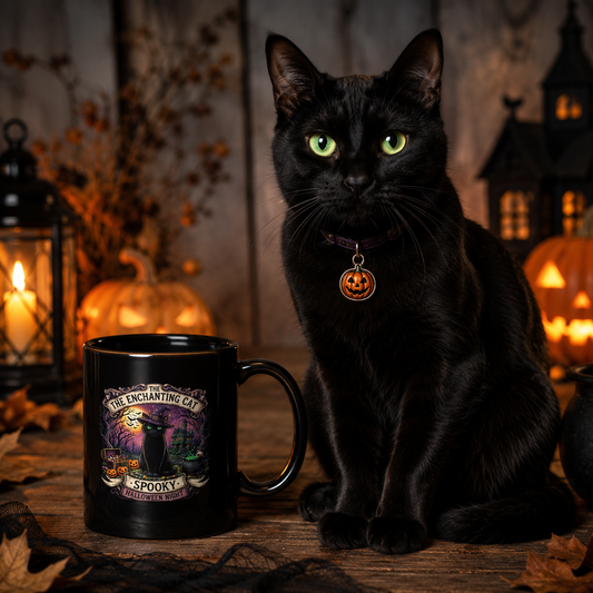 Spooky the black cat beside The Enchanting Cat Halloween mug with pumpkins and glowing Halloween decorations.