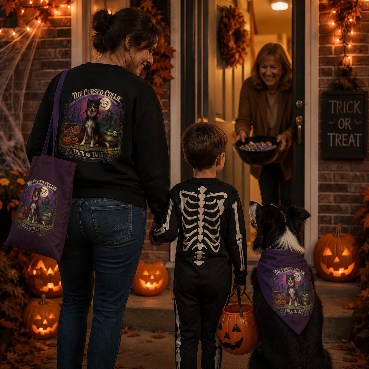Black Halloween sweatshirt featuring Molly the Border Collie in The Cursed Collie Trick or Tails design on the front and back - Molly Talks, Harley Listens.