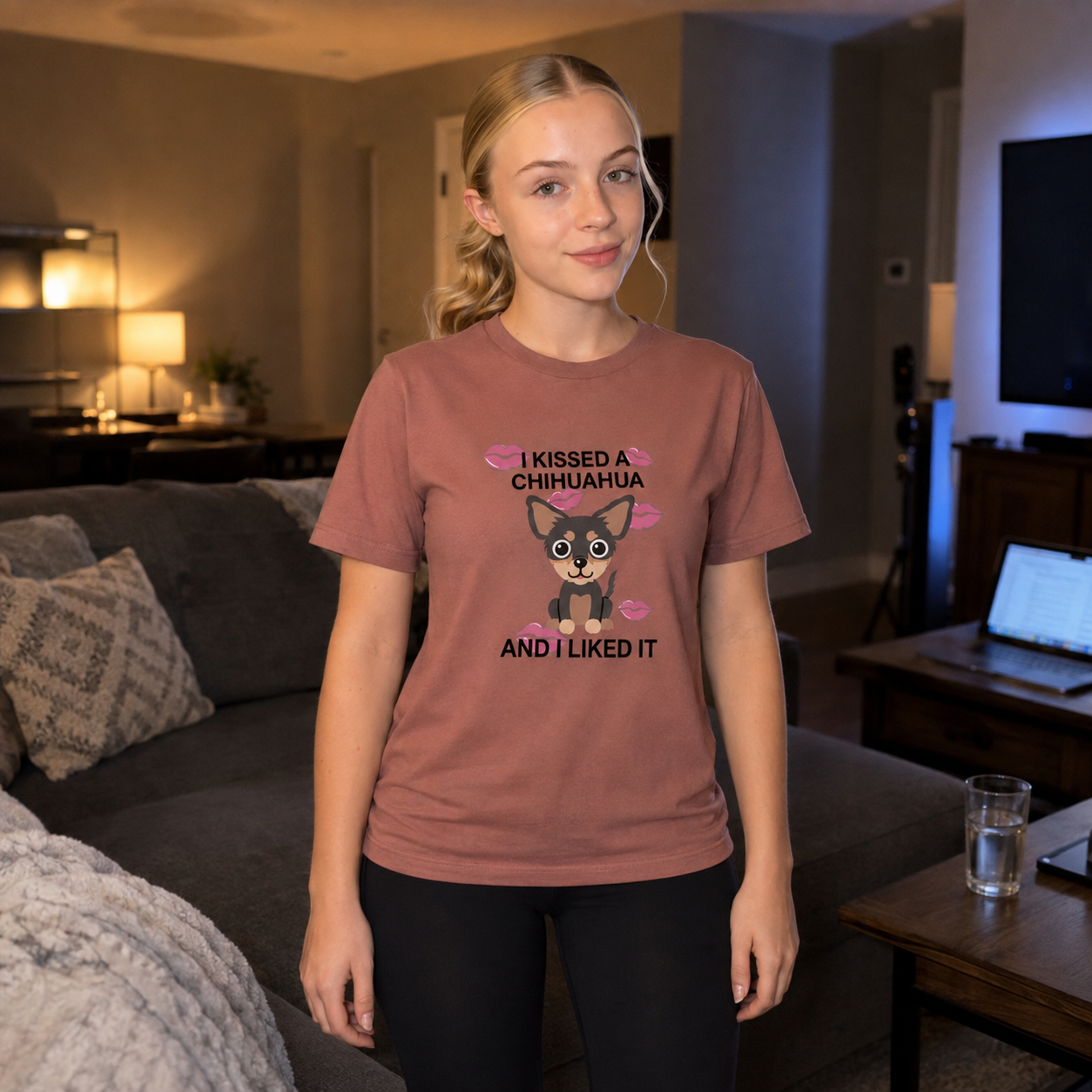 A woman stands in a living room wearing a dusty rose short-sleeve graphic t-shirt with a cartoon chihuahua and the text 'I KISSED A CHIHUAHUA AND I LIKED IT'.