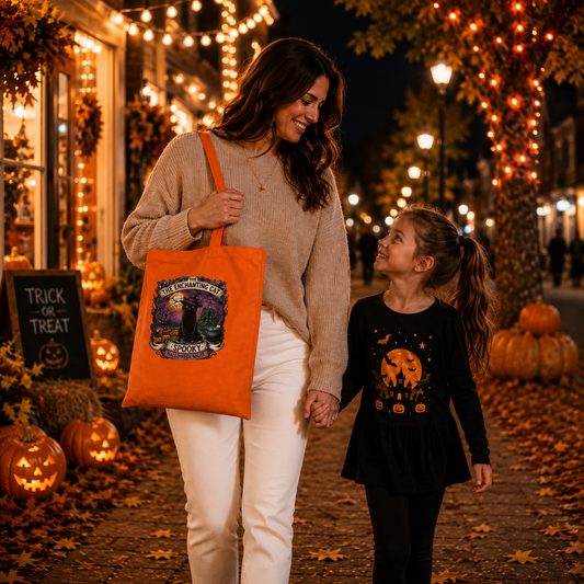 Woman carrying orange Halloween trick or treat cotton tote bag - Molly Talks, Harley Listens.