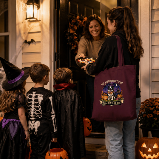 Burgundy Mischievous Collie Halloween tote bag with Trick or Treat Border Collie design -Molly Talks, Harley Listens.
