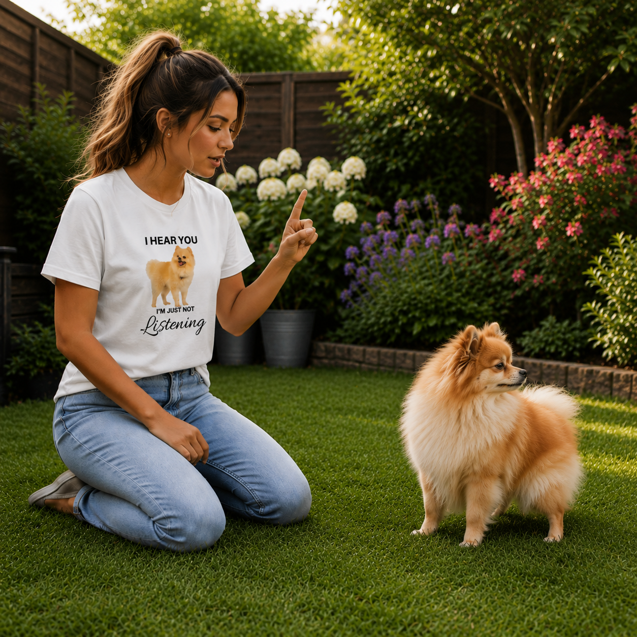Funny Pomeranian “I Hear You, I’m Just Not Listening” Unisex Fitted T-Shirt
