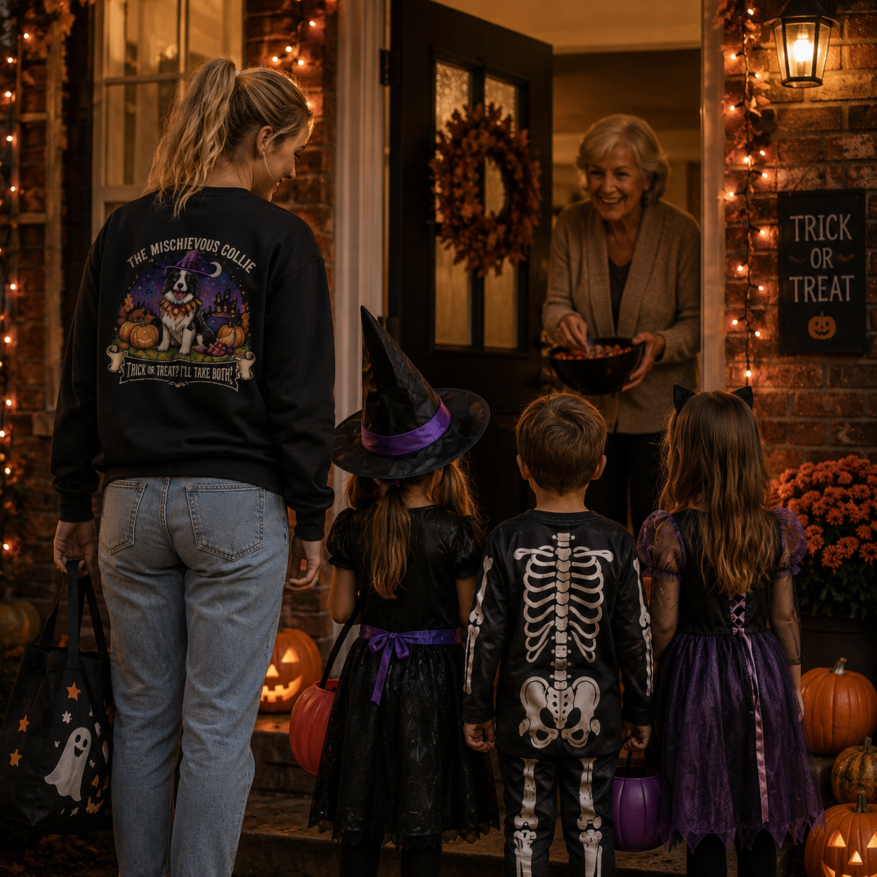 Black Halloween sweatshirt featuring Harley the Border Collie in The Mischievous Collie Trick or Treat design on the front and back - Molly Talks, Harley Listens.