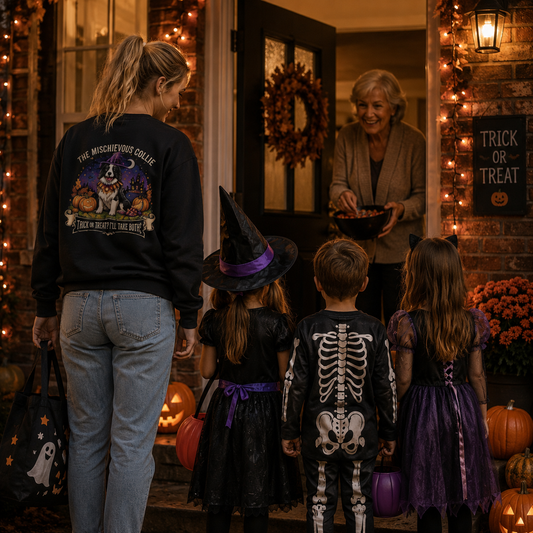 Black Halloween sweatshirt featuring Harley the Border Collie in The Mischievous Collie Trick or Treat design on the front and back - Molly Talks, Harley Listens.