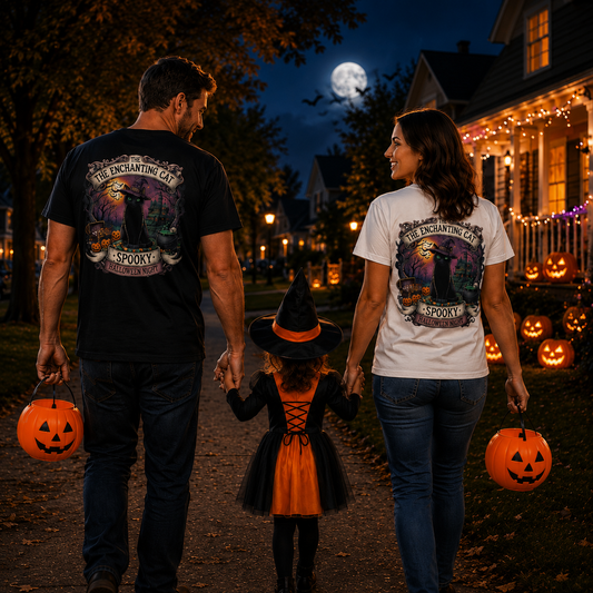 Family trick-or-treating in The Enchanting Cat Halloween T-shirts featuring Spooky the black cat - From Molly Talks Harley Listens