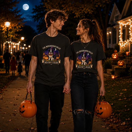 Mischievous Collie Halloween T-shirt with Trick or Treat Border Collie design - Molly Talks, Harley Listens.