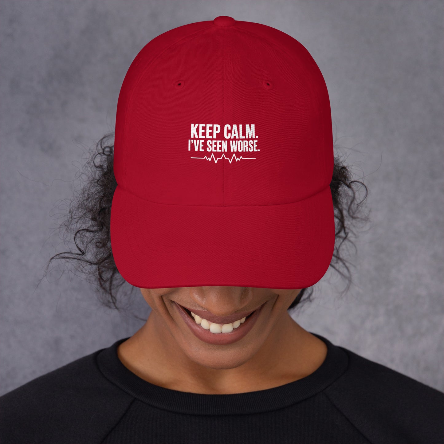 Keep Calm nurse cap with a curved visor and adjustable strap, designed as a funny gift for nurses and nursing students - molly talks, Harley Listens.