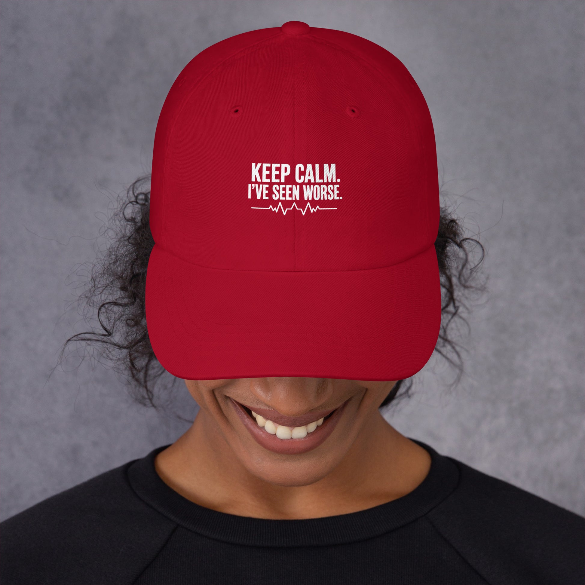 Keep Calm nurse cap with a curved visor and adjustable strap, designed as a funny gift for nurses and nursing students - molly talks, Harley Listens.