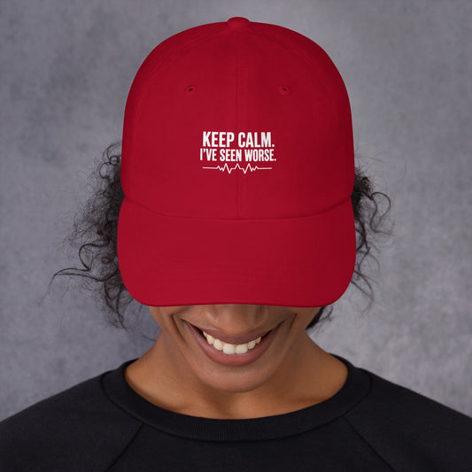 Keep Calm nurse cap with a curved visor and adjustable strap, designed as a funny gift for nurses and nursing students - molly talks, Harley Listens.