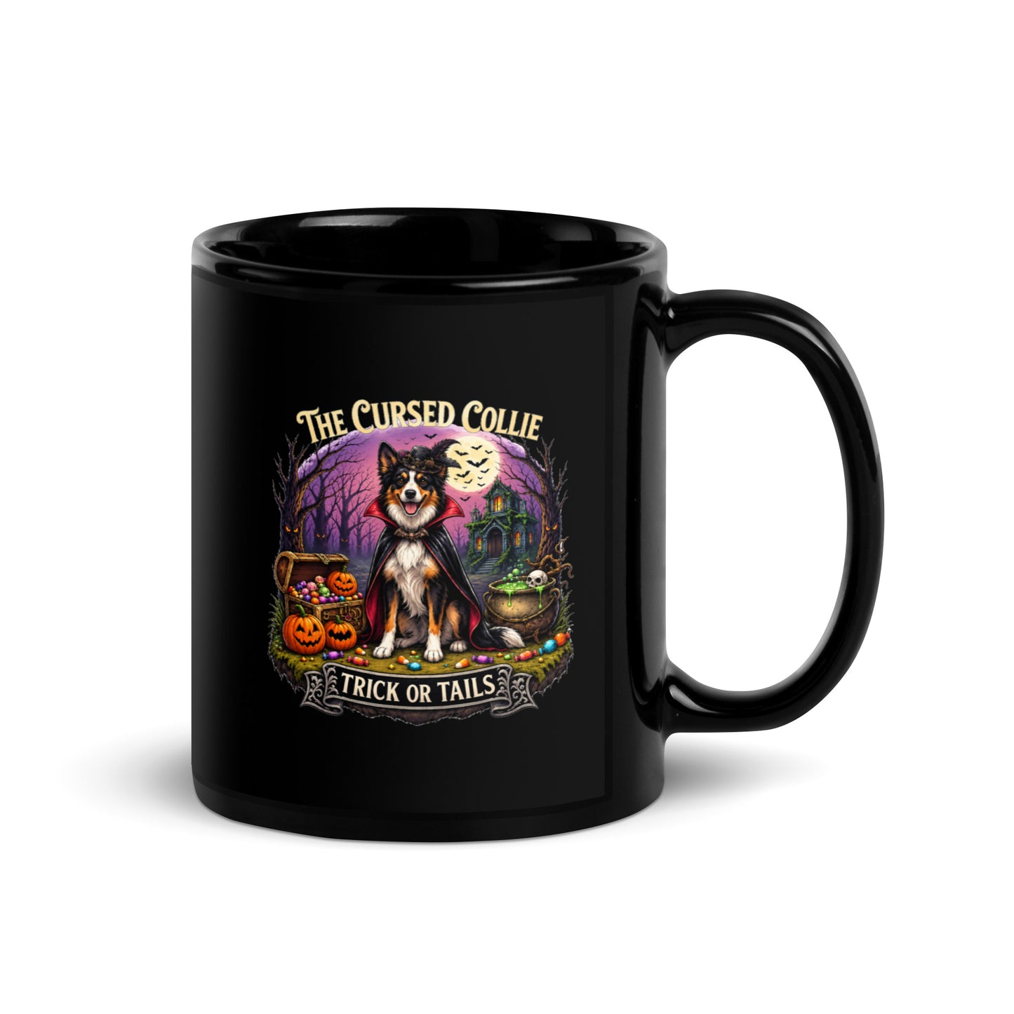 The Cursed Collie Trick or Tails black Halloween mug featuring a Border Collie, pumpkins and spooky Halloween design - Molly Talks, Harley Listens.
