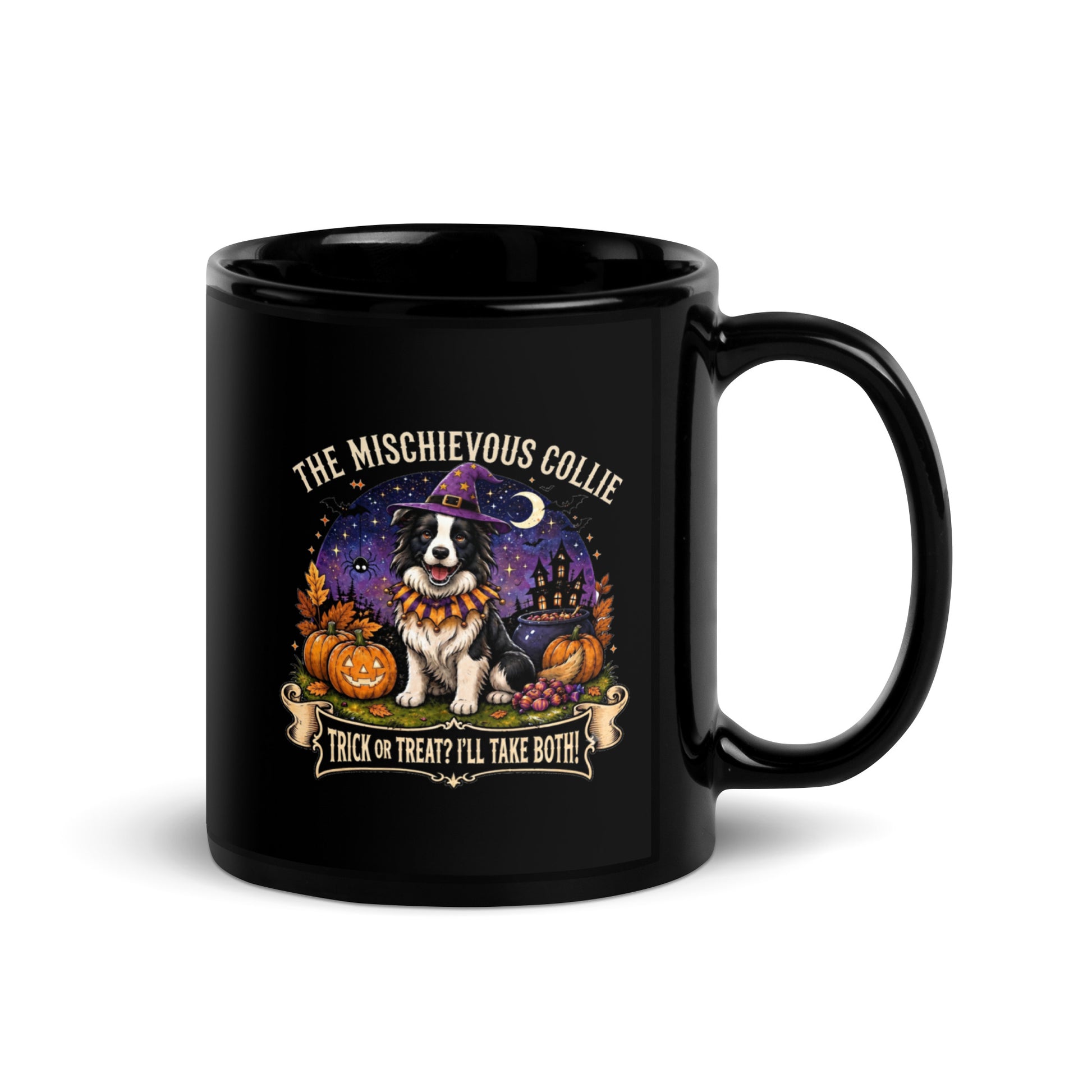Black Mischievous Collie Halloween mug with Trick or Treat Border Collie design - Molly talks, Harley Listens.