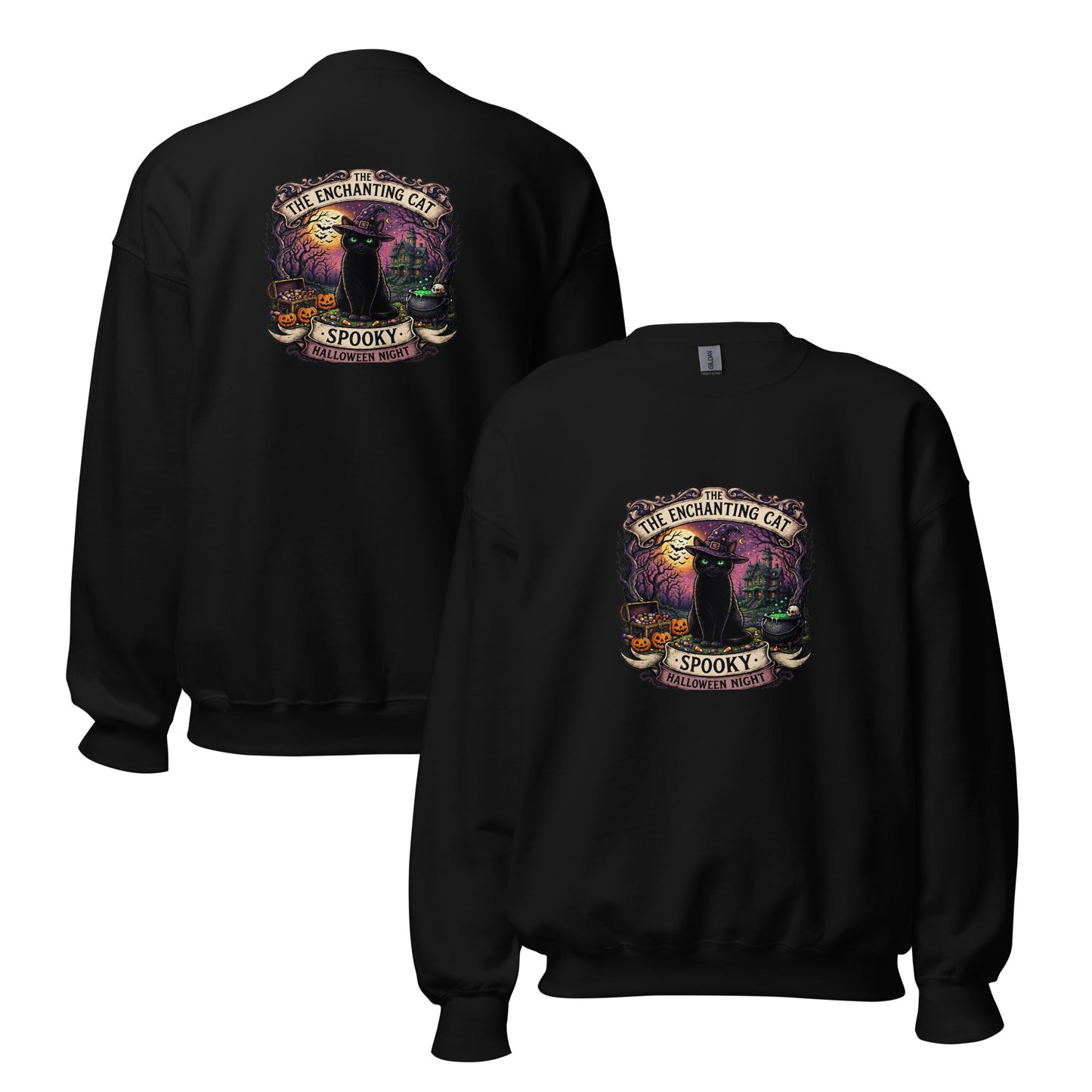 Black Spooky’s Enchanting Cat Halloween sweatshirt with black cat design on front and back - Molly Talks, Harley Listens.