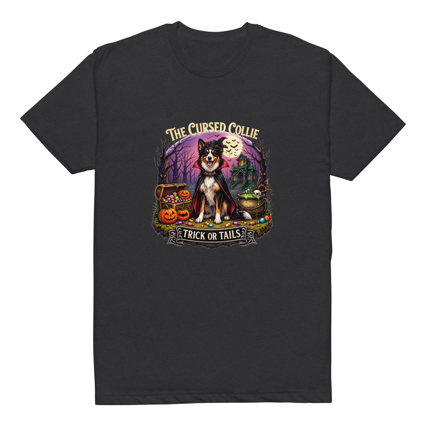 The Cursed Collie Trick or Tails Border Collie Halloween T-Shirt - Molly Talks, Harley Listens.